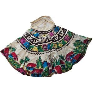 Vintage Aztec de Mexico Hand Painted Circle Skirt, 16, Village Scene Floral Boho